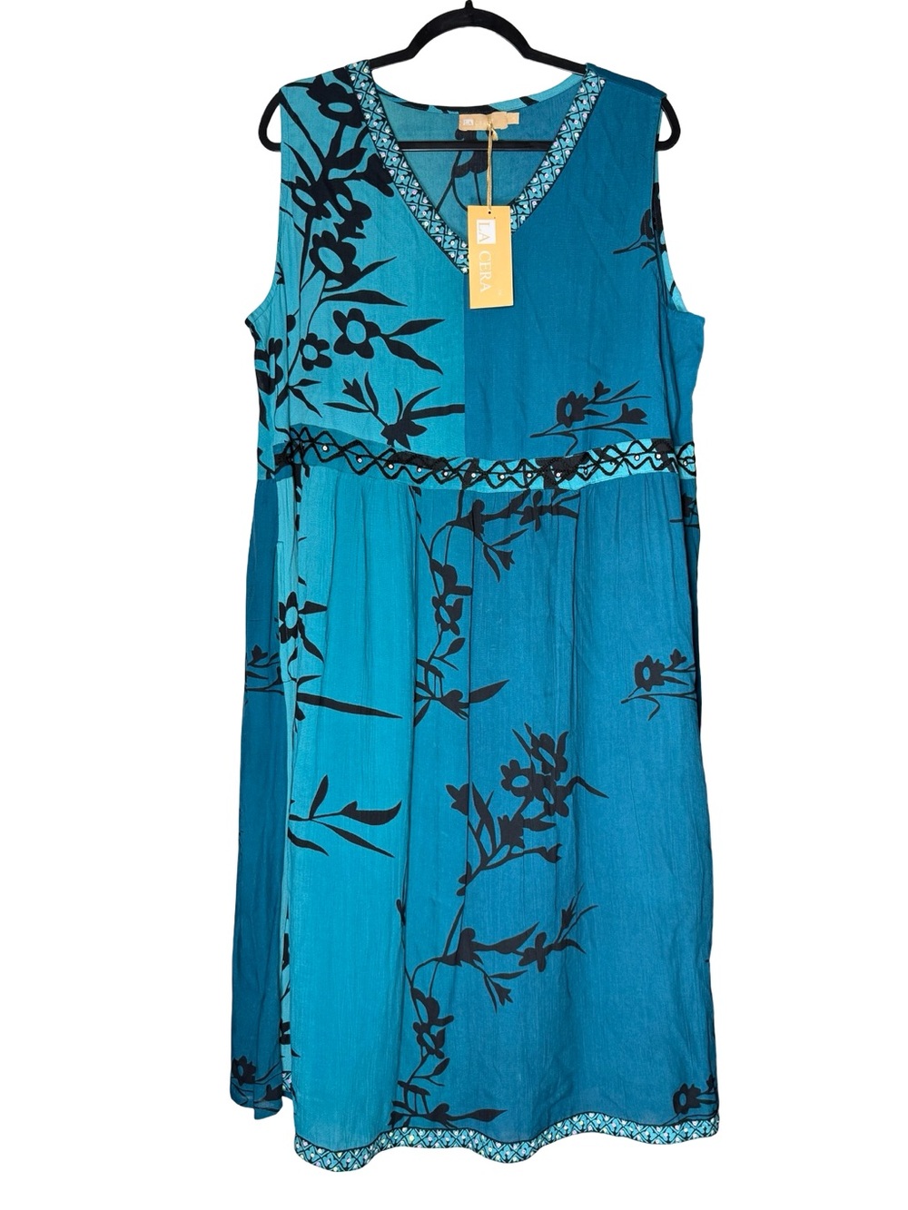 LA Cera Dress Womens 1X Coastal Teal Floral Rayon Midi Summer Resort Pockets NEW